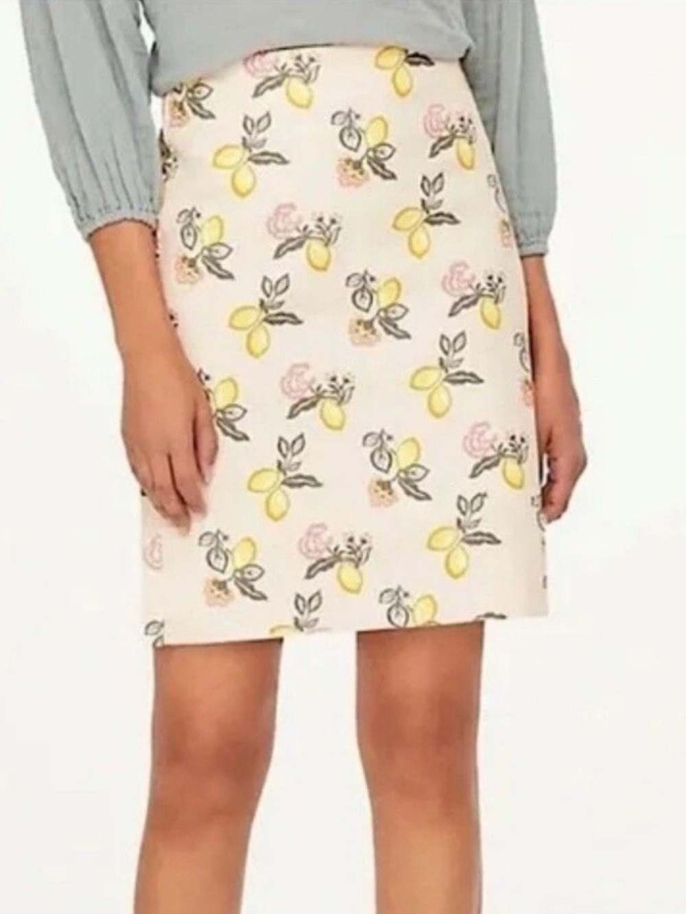 Loft Ann Taylor Lemon Print Cream Back Zip Mini Pencil Skirt